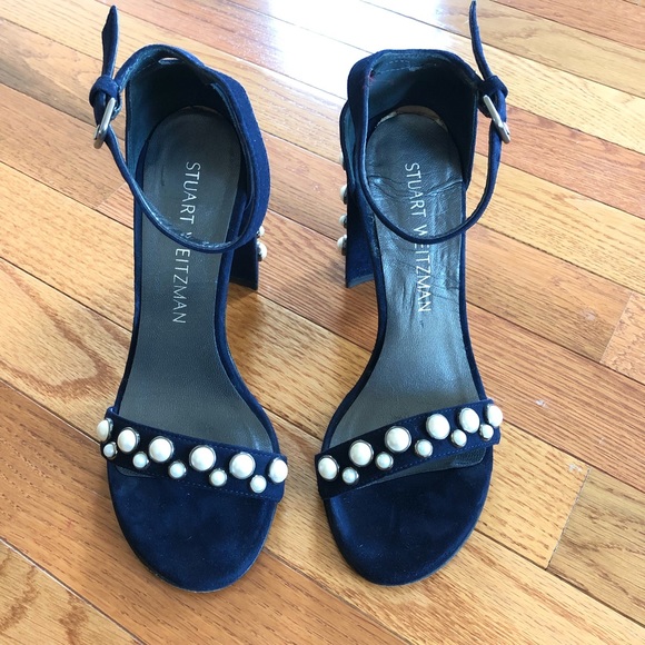 Sz 4 Stuart Weitzman More Pearls Blue Suede Heels - Picture 4 of 8